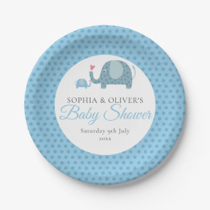 Blue Polka DotS Elephants Couples Baby Shower Paper Plate