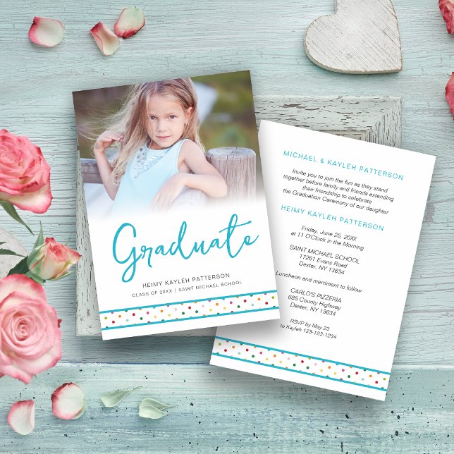 Blue Polka Dots Funny Graduate Photo Graduation  Invitation (Creator Uploaded)