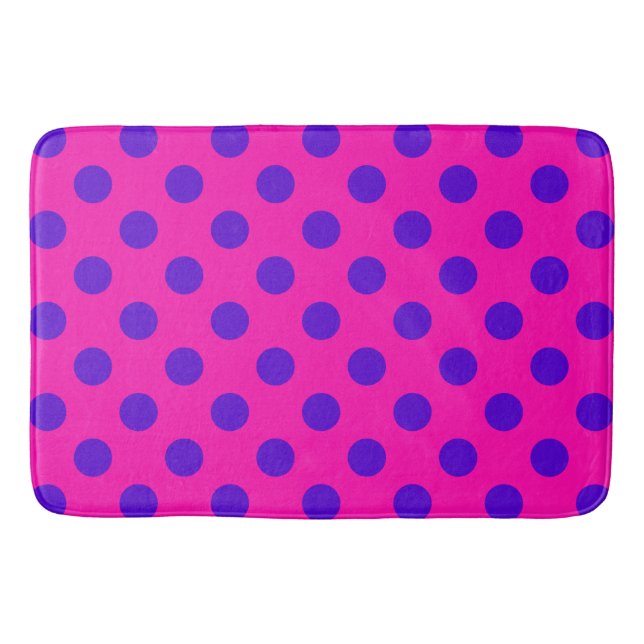 Blue polka dots on fuchsia bath mat (Front)