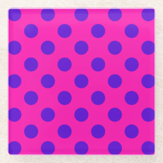 Blue polka dots on fuchsia glass coaster
