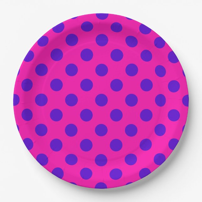 Blue polka dots on fuchsia paper plate (Front)