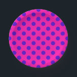 Blue polka dots on fuchsia paper plate<br><div class="desc">Blue polka dots on fuchsia</div>