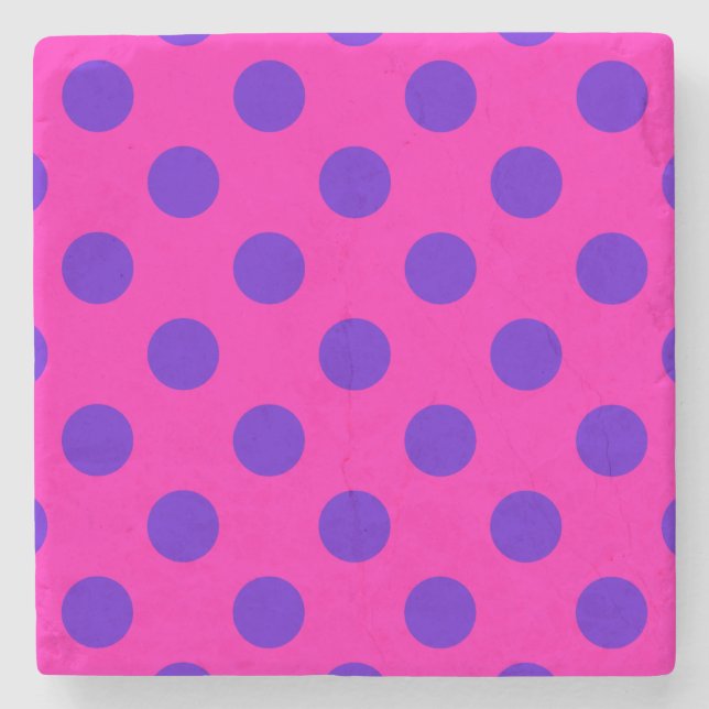 Blue polka dots on fuchsia stone coaster (Front)