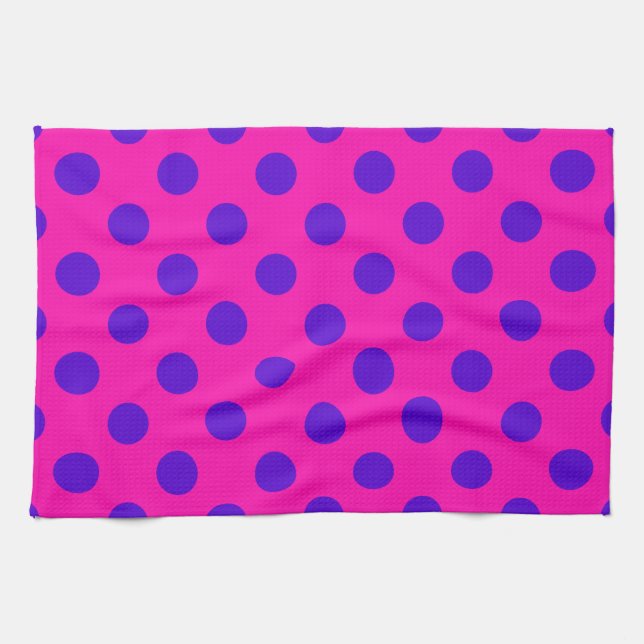 Blue polka dots on fuchsia tea towel (Horizontal)
