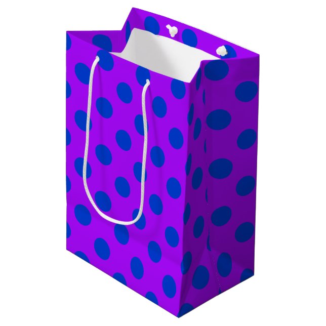 Blue polka dots on purple medium gift bag (Front Angled)