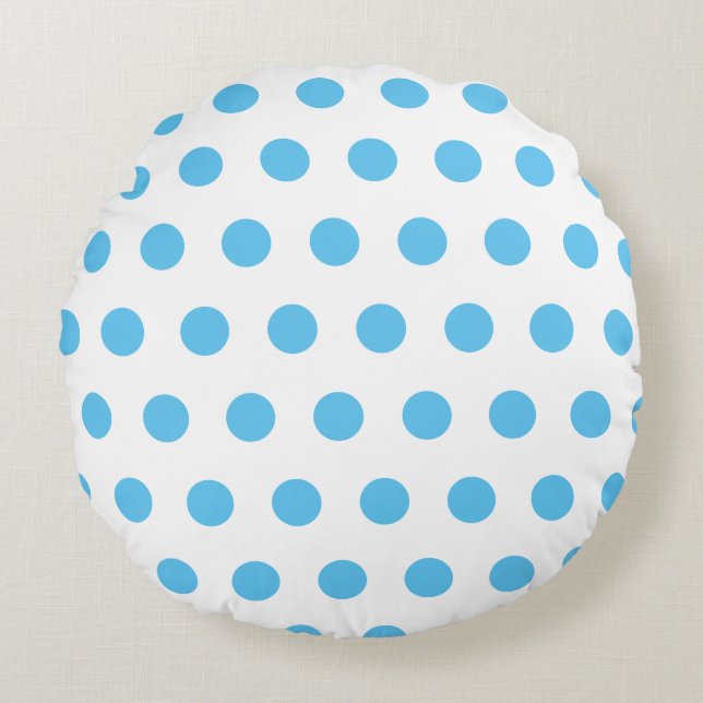 Blue polka dots pattern on white round pillow (Front)