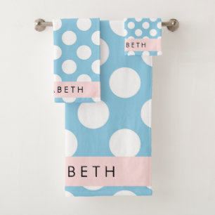 Blue Polka Dots, Polka Dot Pattern, Your Name Bath Towel Set