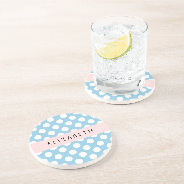 Blue Polka Dots, Polka Dot Pattern, Your Name Coaster (Side)
