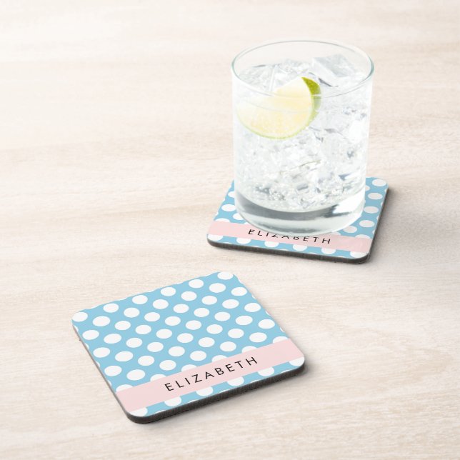 Blue Polka Dots, Polka Dot Pattern, Your Name Coaster (Right Side)