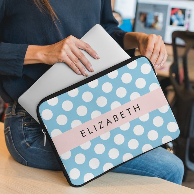 Blue Polka Dots, Polka Dot Pattern, Your Name Laptop Sleeve (Creator Uploaded)