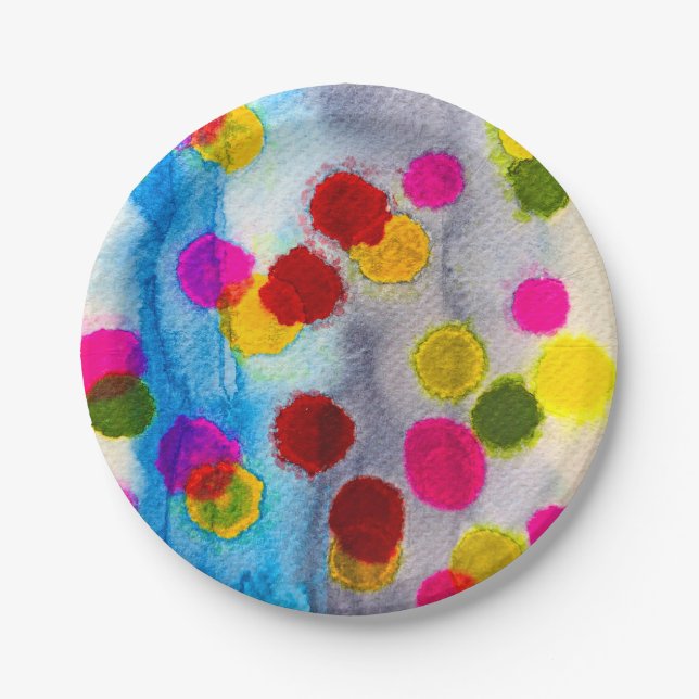 Blue polka dots watercolor abstract paper plate (Front)