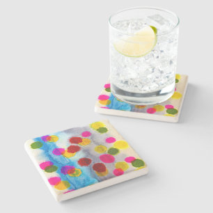 Blue polka dots watercolor abstract stone coaster