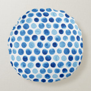 Blue polka dots, watercolor seamless pattern. round cushion