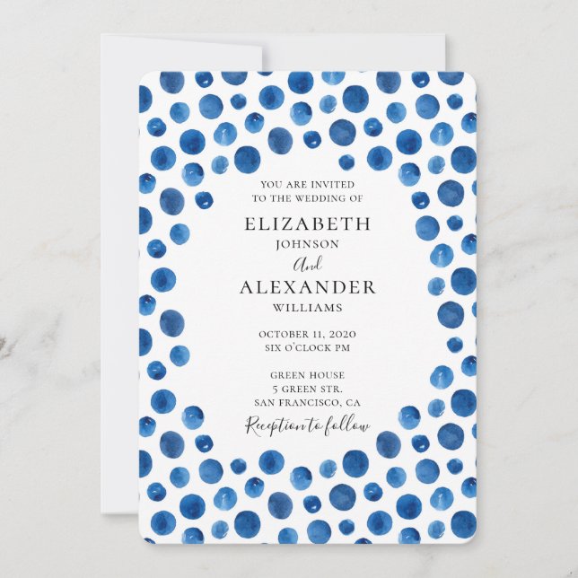 Blue polka dots wedding invitation. Navy invite (Front)