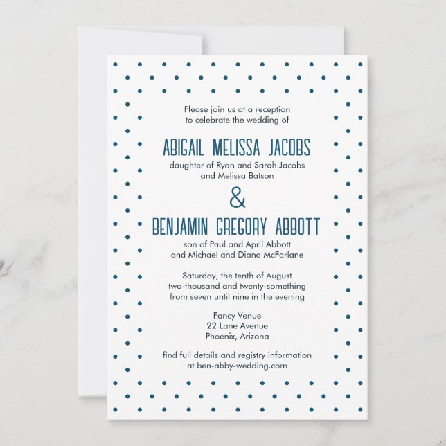 Blue Polka Dots with 4 Sets of Parents Reception Invitation (Front)