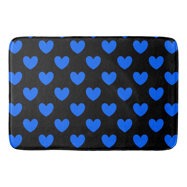 Blue polka hearts on black bath mat (Front)