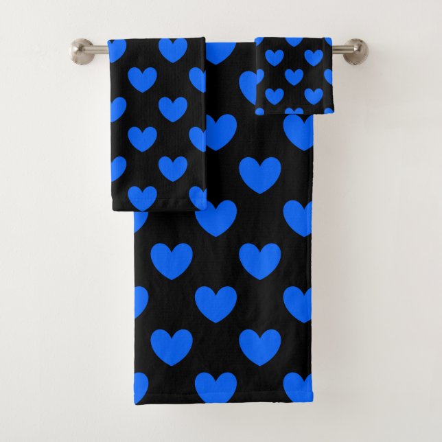 Blue polka hearts on black bath towel set (Insitu)