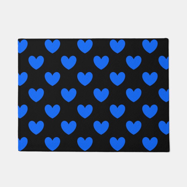 Blue polka hearts on black doormat (Front)