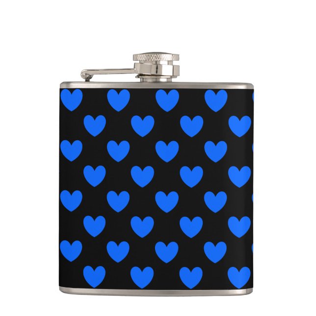 Blue polka hearts on black hip flask (Front)