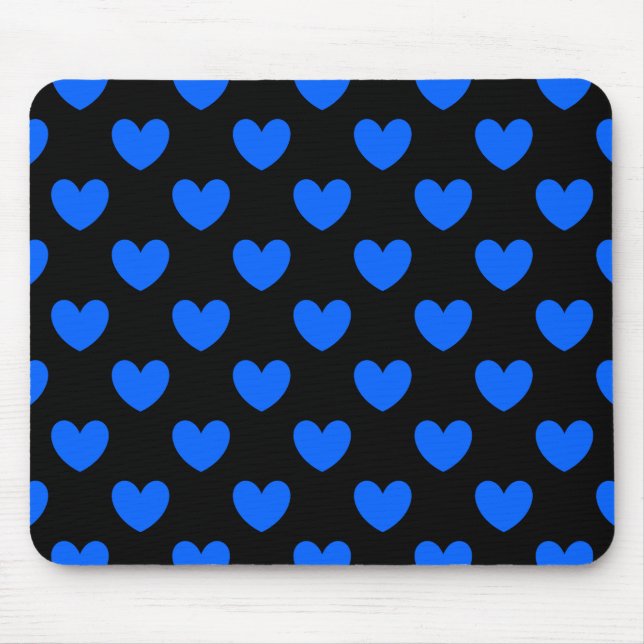 Blue polka hearts on black mouse pad (Front)