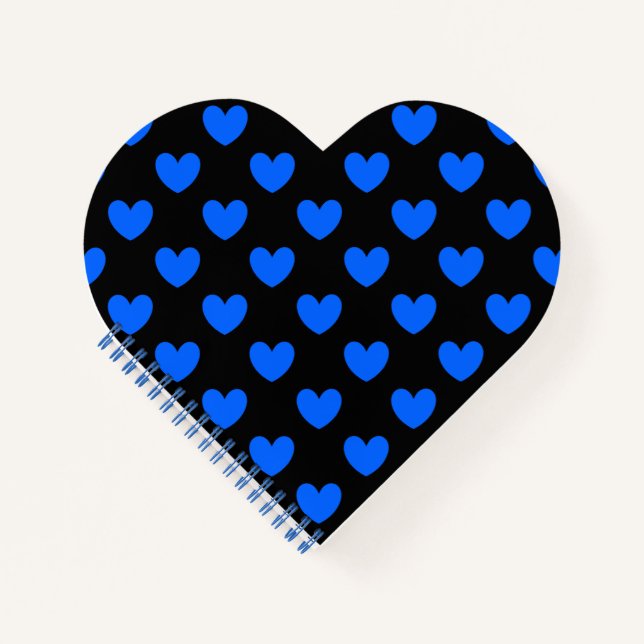 Blue polka hearts on black notebook (Front)