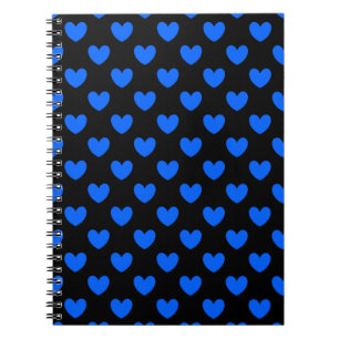 Blue polka hearts on black spiral notebook