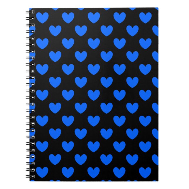 Blue polka hearts on black spiral notebook (Front)