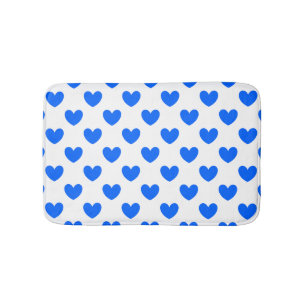 Blue polka hearts on white bath mat