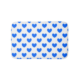 Blue polka hearts on white bath mat