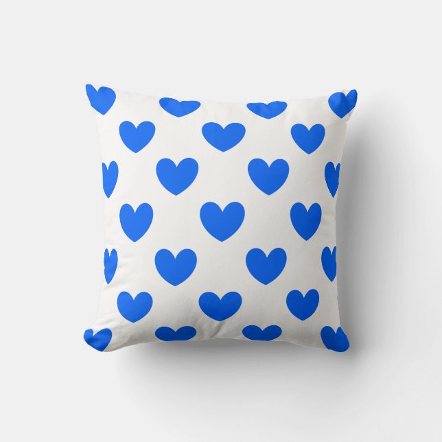 Blue polka hearts on white cushion (Front)