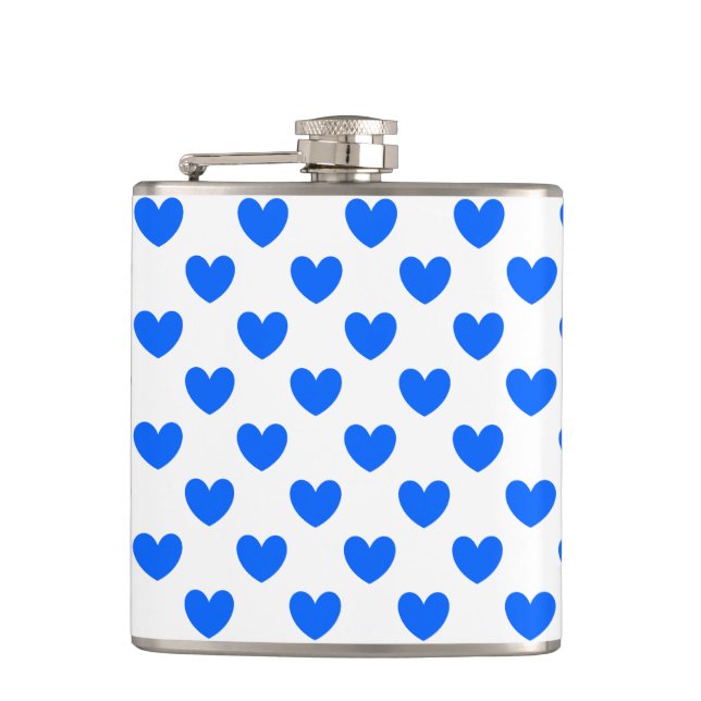 Blue polka hearts on white hip flask (Front)