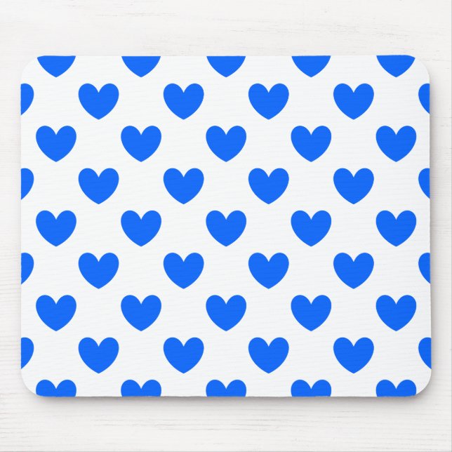 Blue polka hearts on white mouse pad (Front)