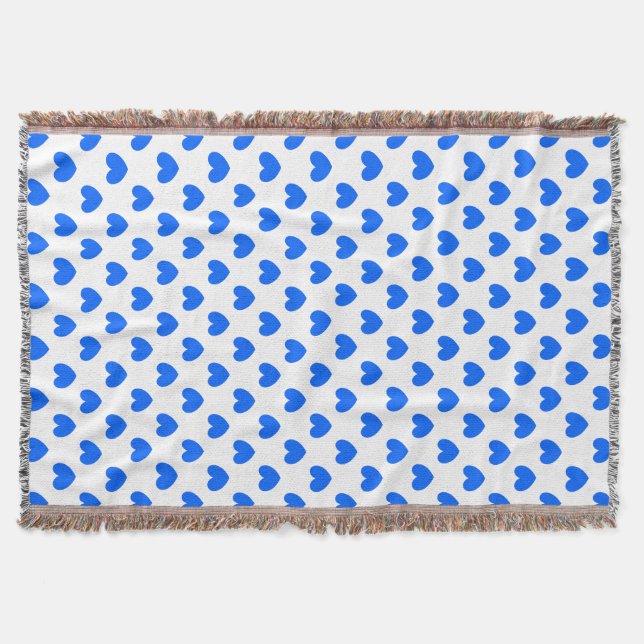 Blue polka hearts on white throw blanket (Front)