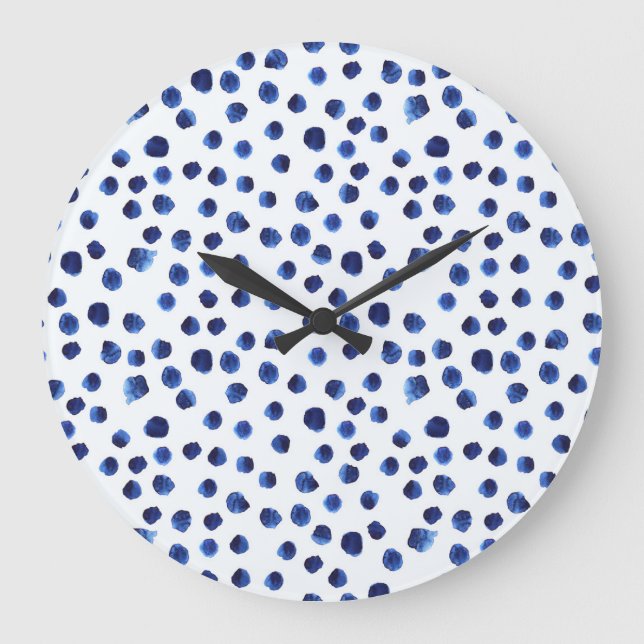 Blue Polka: Watercolor Dot Seamless. Large Clock (Front)