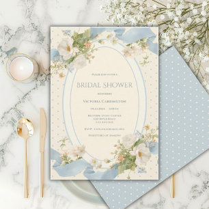 Blue Polkadot Floral Elegant Ribbon Bridal Shower Invitation
