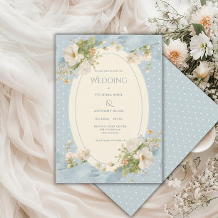Blue Polkadot Floral Elegant Ribbon Wedding Invitation