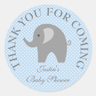 Blue polkadots grey elephant baby shower stickers