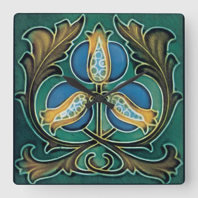 Blue Pomegranate Rustic Faux-Majolica Square Wall Clock (Front)