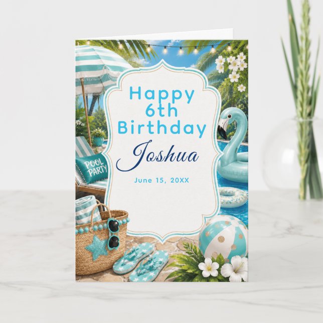 Blue Pool Party boys Birthday  Card (Front)