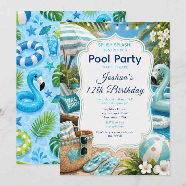 Blue Pool Party Boy's Birthday Invitation (Front/Back)