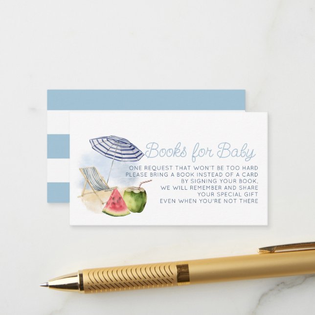 Blue Pool Party Tropical Baby Shower Book Request Enclosure Card (Front/Back In Situ)