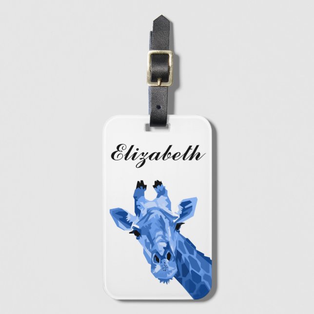 Blue Pop Art Giraffe Personalised Luggage Tag (Front Vertical)