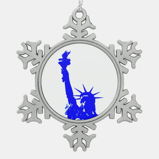 Blue Pop Art Statue of Liberty Snowflake Pewter Christmas Ornament (Front)