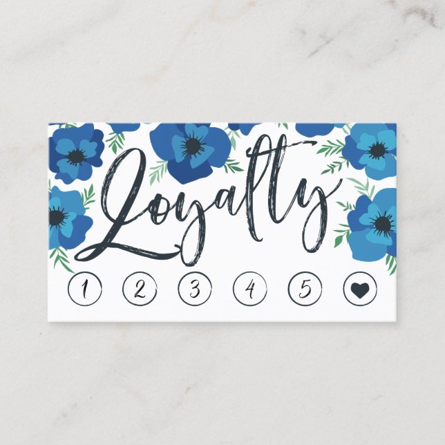 Blue Poppies & Brush Script Loyalty Punch Card (Front)
