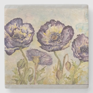 Blue Poppies Floral Watercolor Art Stone Coaster