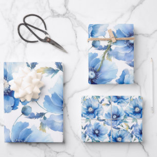 Blue Poppies flower pattern Wrapping Paper Sheet