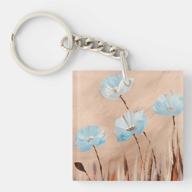 Blue poppies in grass key ring (Front)