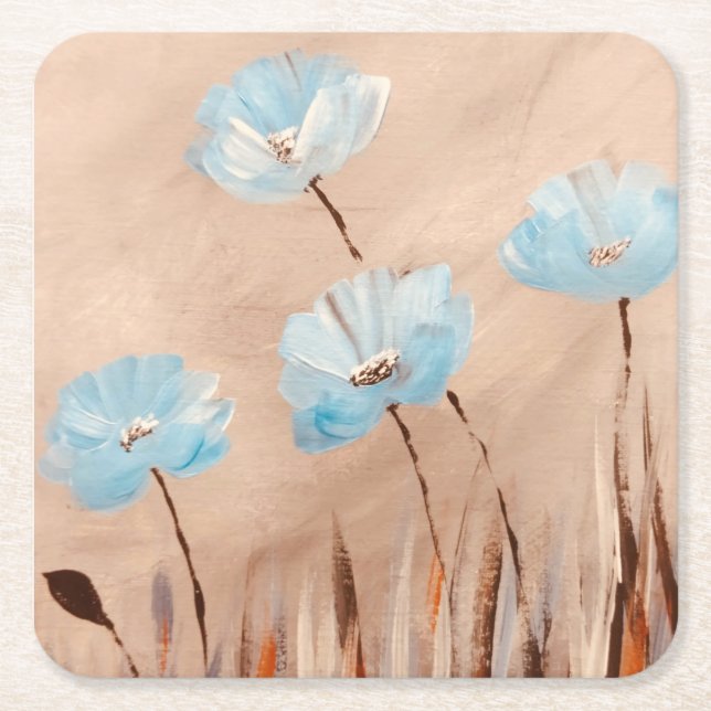 Blue poppies in grass square paper coaster (Front)