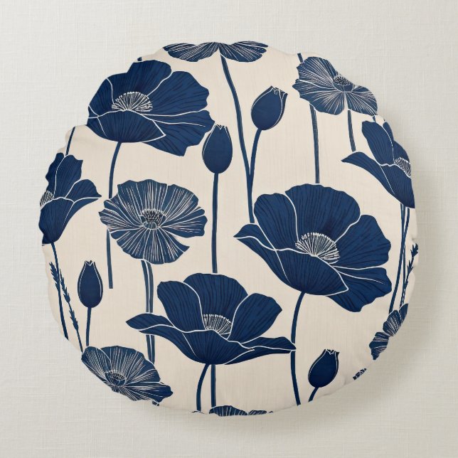 Blue Poppies Round Cushion (Front)