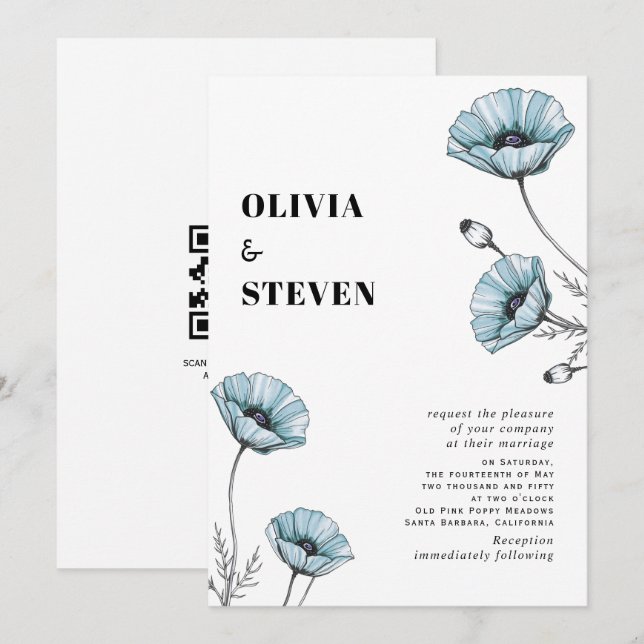 Blue poppies wildflowers floral QR code wedding Invitation (Front/Back)